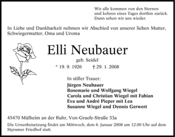 Traueranzeige von Elli Neubauer von Tageszeitung