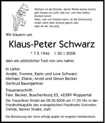 Traueranzeige von Klaus-Peter Schwarz von Tageszeitung