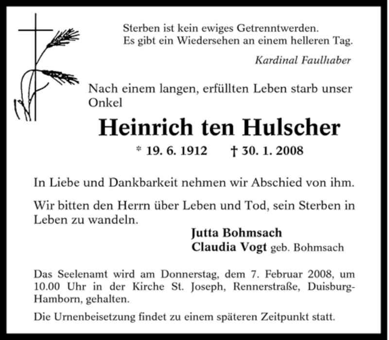  Traueranzeige für Heinrich Hulscher vom 02.02.2008 aus Tageszeitung