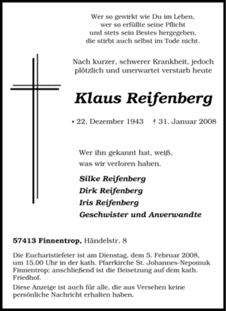  Traueranzeige für Klaus Reifenberg vom 02.02.2008 aus Tageszeitung