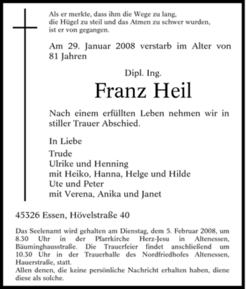 Traueranzeige von Franz Heil von Tageszeitung