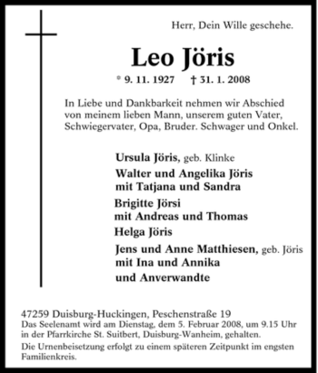 Traueranzeige von Leo Jöris von Tageszeitung