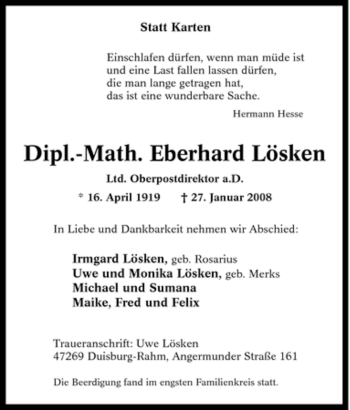 Traueranzeige von Eberhard Lösken von Tageszeitung