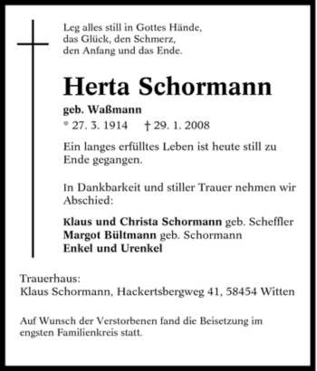 Traueranzeige von Herta Schormann von Tageszeitung