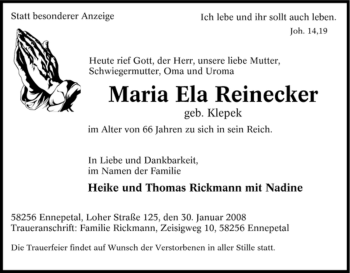 Traueranzeige von Maria Ela Reinecker von Tageszeitung