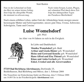 Traueranzeige von Luise Womelsdorf von Tageszeitung