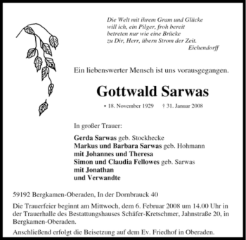 Traueranzeige von Gottwald Sarwas von Tageszeitung