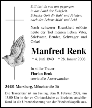 Traueranzeige von Manfred Renk von Tageszeitung