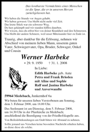 Traueranzeige von Werner Harbeke von Tageszeitung