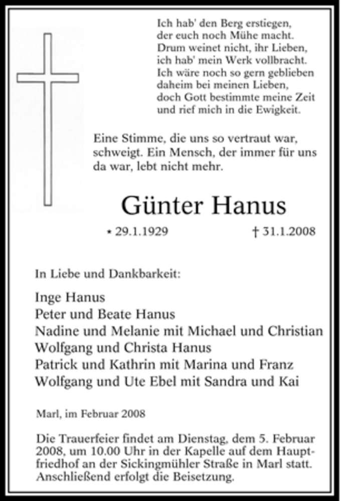  Traueranzeige für Günter Hanus vom 02.02.2008 aus Tageszeitung