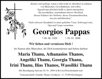 Traueranzeige von Georgios Pappas von Tageszeitung