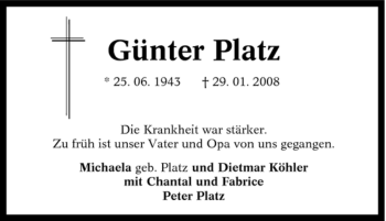Traueranzeige von Günter Platz von Tageszeitung