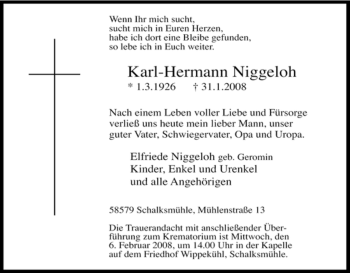 Traueranzeige von Karl-Hermann Niggeloh von Tageszeitung