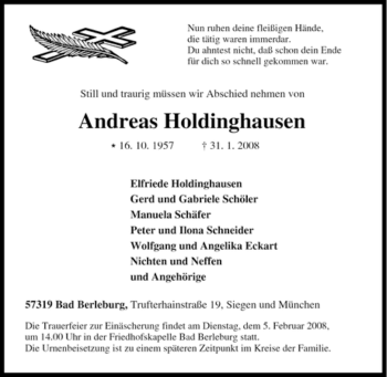 Traueranzeige von Andreas Holdinghausen von Tageszeitung