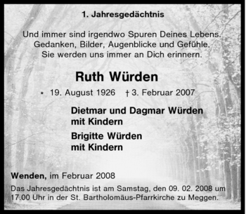 Traueranzeige von Ruth Würden von Tageszeitung