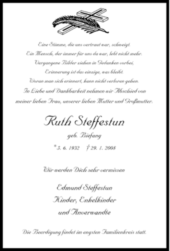  Traueranzeige für Ruth Steffestun vom 04.02.2008 aus Tageszeitung