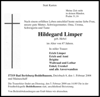 Traueranzeige von Hildegard Limper von Tageszeitung