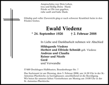 Traueranzeige von Ewald Viedenz von Tageszeitung