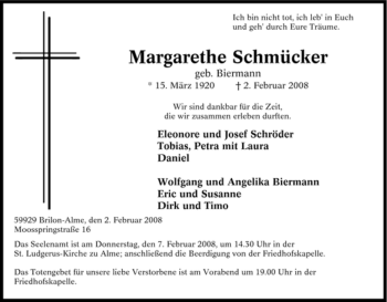Traueranzeige von Margarethe Schmücker von Tageszeitung