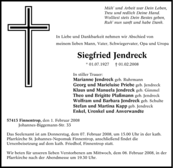 Traueranzeige von Siegfried Jendreck von Tageszeitung