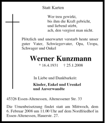 Traueranzeige von Werner Kunzmann von Tageszeitung