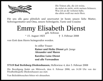 Traueranzeige von Emmy Elisabeth Dienst von Tageszeitung