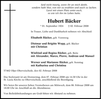 Traueranzeige von Hubert Bäcker von Tageszeitung