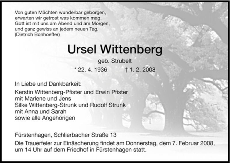  Traueranzeige für Ursel Wittenberg vom 04.02.2008 aus Tageszeitung