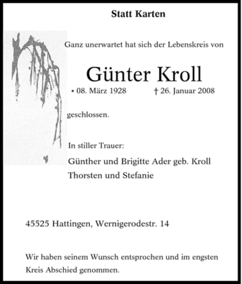  Traueranzeige für Günter Kroll vom 05.02.2008 aus Tageszeitung
