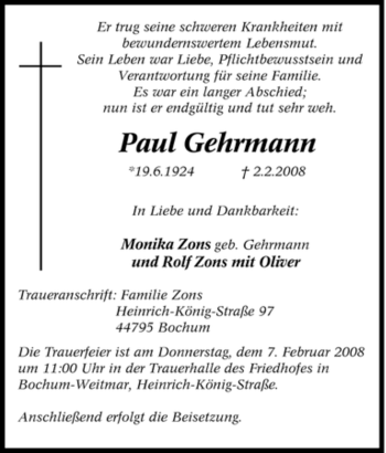 Traueranzeige von Paul Gehrmann von Tageszeitung
