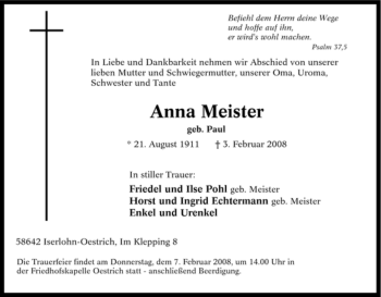 Traueranzeige von Anna Meister von Tageszeitung