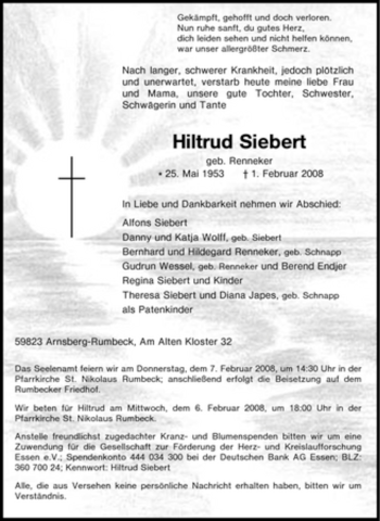 Traueranzeige von Hiltrud Siebert von Tageszeitung