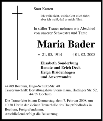 Traueranzeige von Maria Bader von Tageszeitung