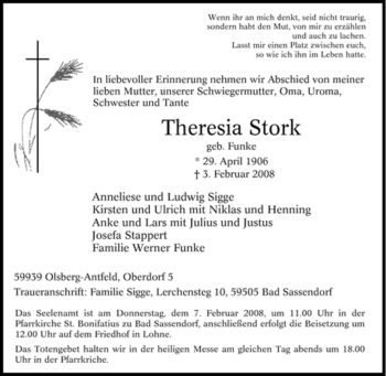 Traueranzeige von Theresia Stork von Tageszeitung