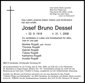 Traueranzeige von Josef Bruno Dessel von Tageszeitung