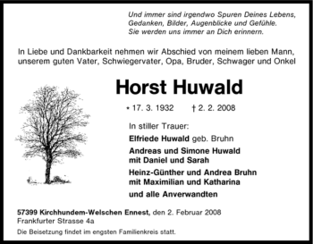 Traueranzeige von Horst Huwald von Tageszeitung