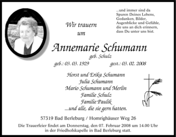 Traueranzeige von Annemarie Schumann von Tageszeitung