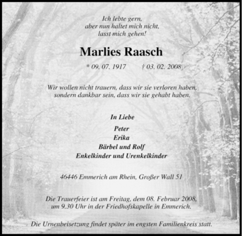 Traueranzeige von Marlies Raasch von Tageszeitung