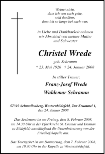 Traueranzeige von Christel Wrede von Tageszeitung