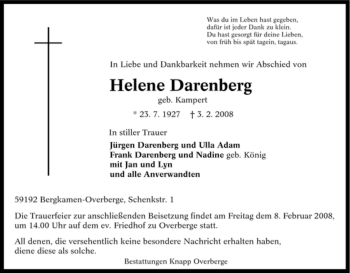 Traueranzeige von Helene Darenberg von Tageszeitung