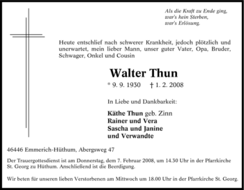 Traueranzeige von Walter Thun von Tageszeitung