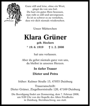 Traueranzeige von Klara Grüner von Tageszeitung