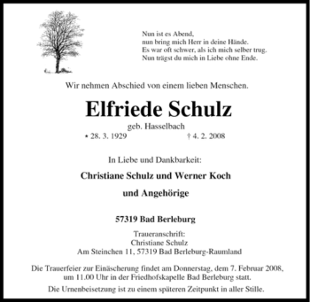 Traueranzeige von Elfriede Schulz von Tageszeitung