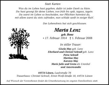 Traueranzeige von Marta Lenz von Tageszeitung