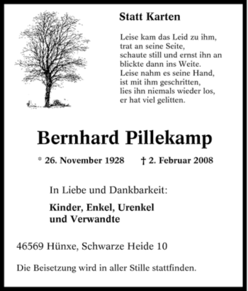 Traueranzeige von Bernhard Pillekamp von Tageszeitung