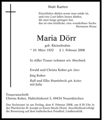 Traueranzeige von Maria Dörr von Tageszeitung