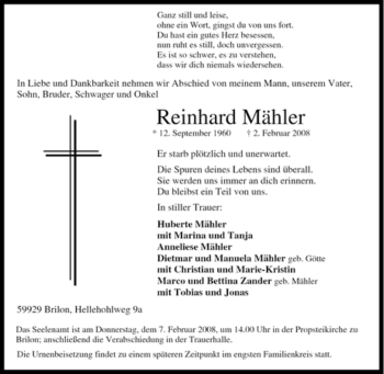 Traueranzeige von Reinhard Mähler von Tageszeitung