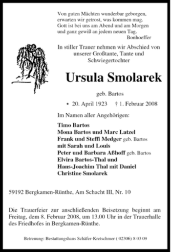 Traueranzeige von Ursula Smolarek von Tageszeitung