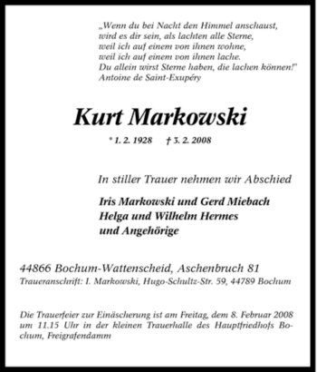 Traueranzeige von Kurt Markowski von Tageszeitung