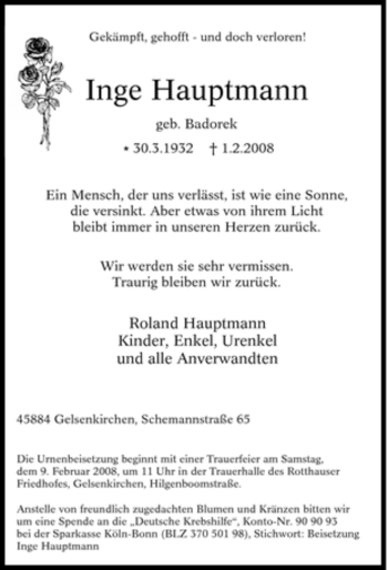 Traueranzeige von Inge Hauptmann von Tageszeitung
